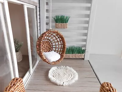 1:12 Dollhouse Miniature Wicker Hanging Chair With White Pillow. Miniature Swing • $19