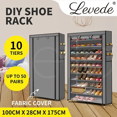 $31.99 • Buy Levede 10 Tier Shoe Rack Portable Storage Cabinet Organiser Wardrobe Grey Cover