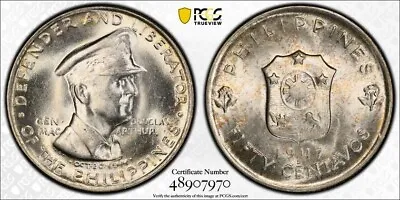 1947-S Philippines 50 Centavos PCGS MS65 Lot#G6730 Silver! MacArthur KM#184 • $85