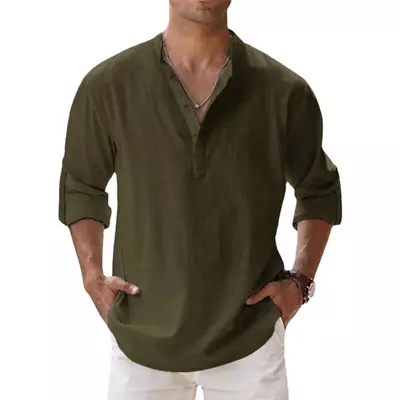 New Cotton Linen Shirts For Men Casual Shirts Lightweight Long Sleeve Henley Bea • £11.97