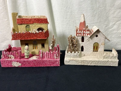 $68 • Buy CUTE PASTEL Putz Japan Christmas Village Mica Snow, Church House Vtg Clay Person