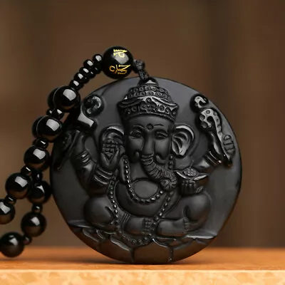 Natural Black Obsidian Hand Carved Ganesha Elephant Pendant Lucky Beads Necklace • $5.79