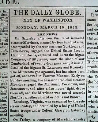 MONITOR VS. MERRIMAC Battle Of Hampton Roads Civil War IRONCLADS 1862 Newspaper • $84