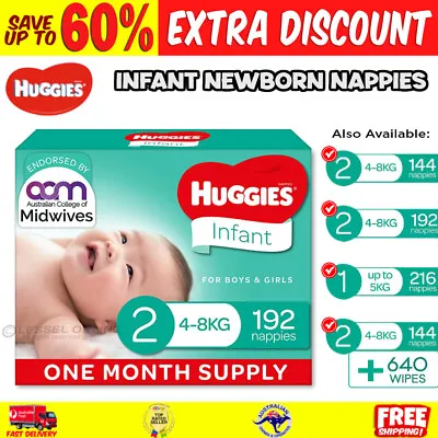 $80.36 • Buy New Huggies Infant Newborn Nappies Size 2 (4-8kg) 1 Month Supply 144/192/216