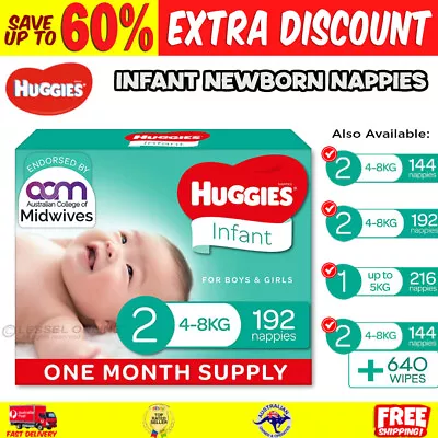 New Huggies Infant Newborn Nappies Size 2 (4-8kg) 1 Month Supply 144/192/216 • $94.12