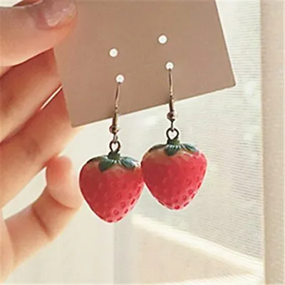 Cute 3D Resin Simulation Strawberry Hook Earrings Dangle Drop Fruit Jewelry Gift • $1.97