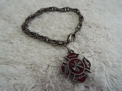 Pewter-tone Red Maltese Cross Fire Department Symbol Charm Bracelet (C63) • $14.26