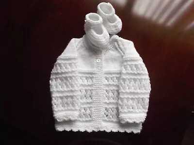 Hand Knitted  Baby Matinee Coat (cardigan) & Shoes / Booties 0-3 Months  • £5.99