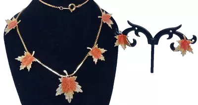 Vintage Fall Foliage Leaves Necklace Gold Tone Chain  W/Matching Post Earrings • $15