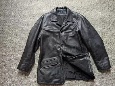 Vintage 1990s Heavy Duty LEATHER Car Coat L Black PATINA Y2k KENNETH COLE Jacket • $109.95