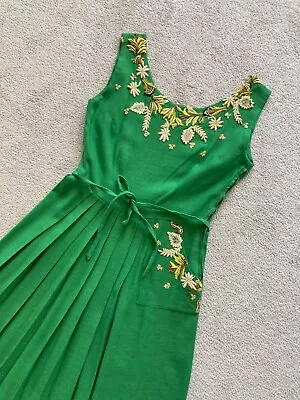 Green 1950s Applique Pleated Day Tea Dress S/M • $140