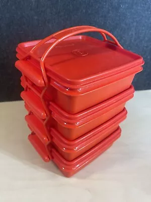 Tupperware Vintage Lunch Box Keeper Set Of 4 (1362) Red Sandwich Handle Tiffin • $35