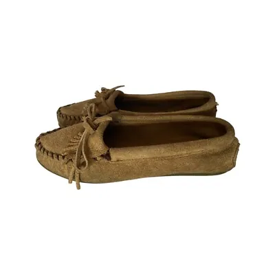 Minnetonka Moccasins Thunderbird Beige Leather Fringed Women's Sz8.8 Rubber Sole • $22