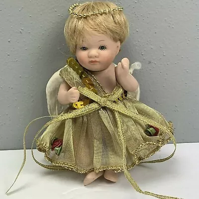 Porcelain Baby Angel Doll Gold Dress Feather Wings 5.5 In  • $12.99