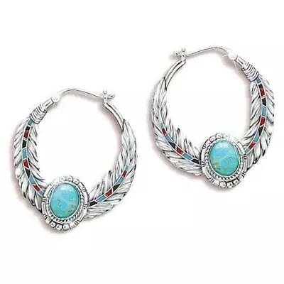 $13.74 • Buy Boho 925 Sterling Silver Turquoise Eagle Hawk Falcon Feathers 1  Hook Earrings