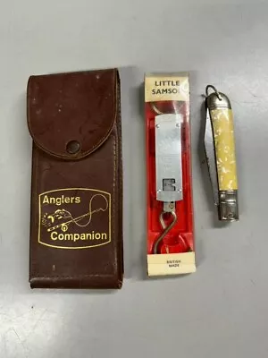 Vintage English Anglers Companion Kit In Leather Pouch - Samson Scale + Knife • $39.95