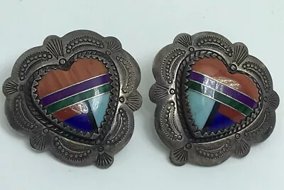 HUGE 925 QT Sterling Silver Colorful Inlaid Heart Mosaic Stones Artsy Earrings • $78.87