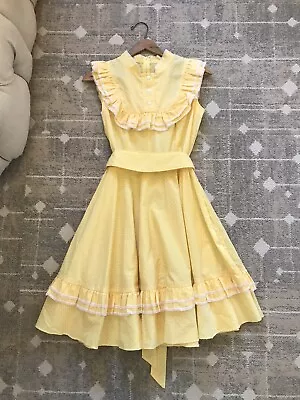 Vintage 1960’s 70s Buttercup Yellow Swiss Dot Lace Button Dress Retro Rockabilly • $52