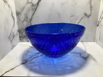 Mikasa Cascade ￼Blue Glass Bowl Blue With White Design Beautiful 11” In • $130