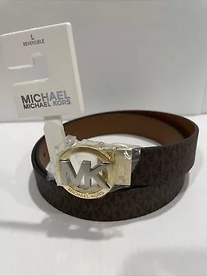 MICHAEL KORS Women’s Leather Belt Twist Reversible Round Buckle BROWN Sz L • $39