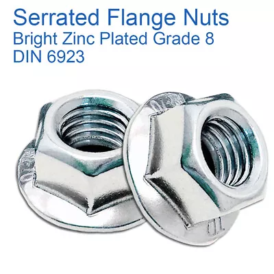 M4 M5 M6 M8 M10 M12 M14 M16 Flanged Nuts Serrated Zinc Plated Grade 8 - Din 6923 • £0.99