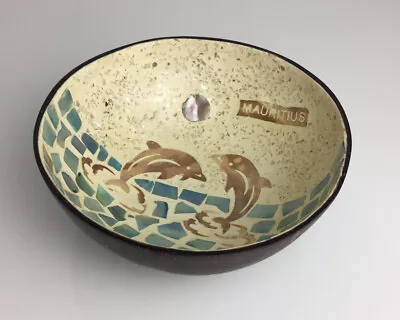 Vintage COCONUT SHELL MOTHER Of PEARL Inlaid Mosaic Dolphins BOWL DISH • £12.90