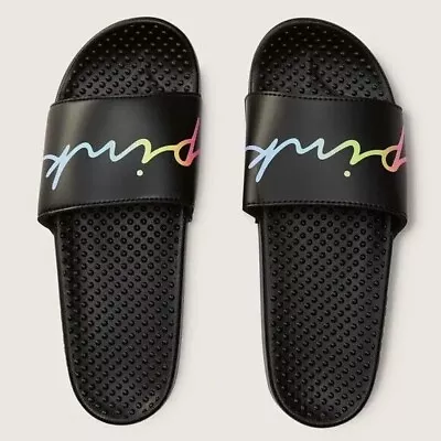 Victorias Secret Pink Logo Black Slides Sandals Beach Shower Shoes M • $29.99