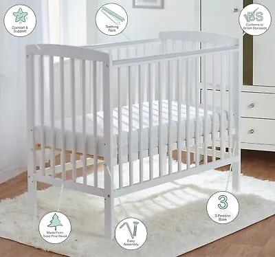 Baby Compact Cot White With Mattress Included 3 Adjustable Height Position • £132.99