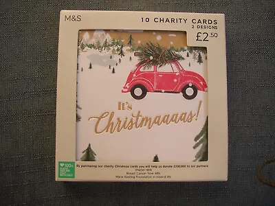 BNIB 10 Charity Xmas Cards 2 Designs Red Volkswagen VW Beetle Car Trees Snow M&S • £4.50