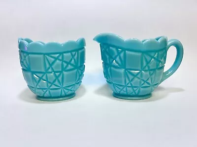 Fenton Turquoise Milk Glass Creamer And Sugar Bowl - Block Star Pattern Set • $90