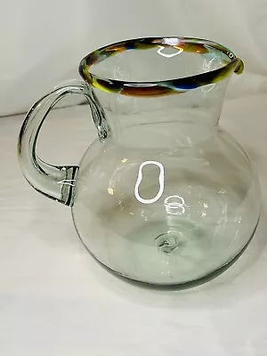 Hand Blown Mexican Clear Glass Large Bola Pitcher MultiColor Rim • $14