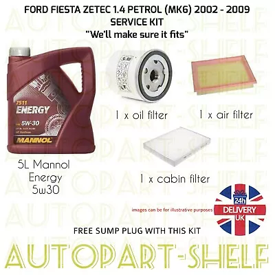 Ford Fiesta 1.4 Zetec 02-09 Service Kit (mk6) Petrol Oil Air & Cabin + Sump Plug • £44.79