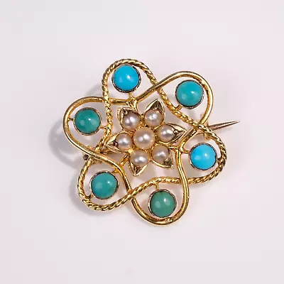 Antique 15ct Gold Turquoise Pearl Brooch Floral Jewellery Design Womens Gift • £185