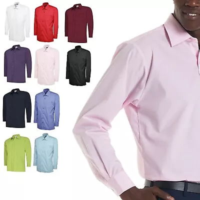 Mens Long Sleeve Shirt Plain Formal Easy Care Poplin - SMART OFFICE WORK CASUAL • £17.99
