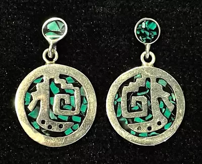 Vintage Sterling Silver Dangle Drop Earrings With Turquoise Chip Inlay Mexico • $34.95