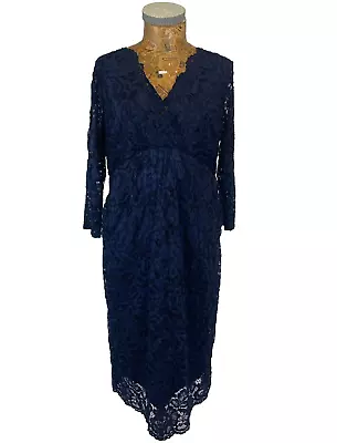 NEXT MATERNITY DRESS 14 NAVY BLUE Floral Lace Stretchy Midi OCCASION Formal • £16.48