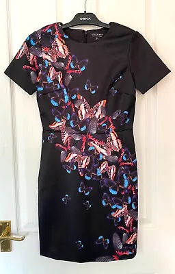 Warehouse Short Sleeved Multicoloured Butterfly Print Dress In Black U.K. 8 • £28