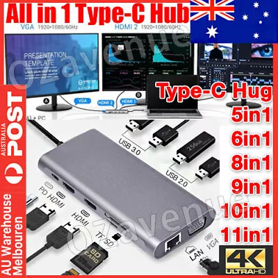 5/6/8in 1 USB-C HUB Type-C USB Multi 3.0 4K HDMI RJ45 Ethernet Micro SD TF OTG • $20.99