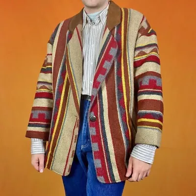 Vintage Aztec Wool Blanket Coat Retro Southwestern Striped Navajo Jacket 70s 80s • £78