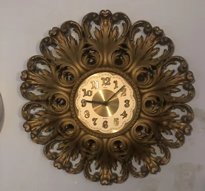 VINTAGE MCM Hollywood Regency Burwood Ornate Sun/Starburst Clock 23  • $58.99