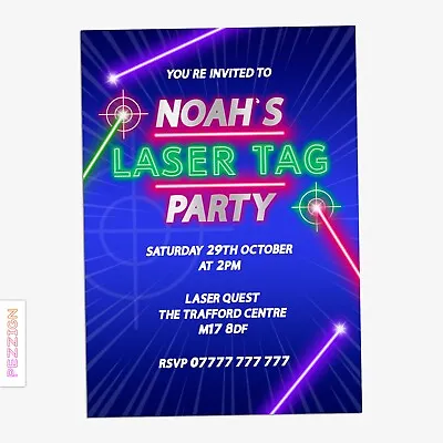 £9.99 • Buy Personalised Laser Tag Birthday Party Invitation Neon Boys Girls Digital Invite