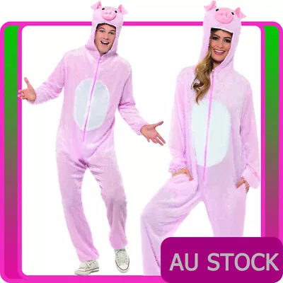 Mens Pink Pig Costume Adult Jumpsuit Animal Zoo Party Funny Hogs Fancy Dress • £27.57