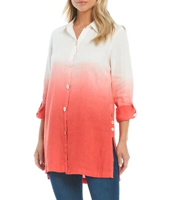 $42.99 • Buy NWT John Mark White/Pink OMBRE LINEN Dip Dye Long Tunic Blouse M BUTTON TRIM
