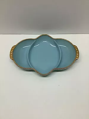 Vintage Atomic Fire King Divided Relish Dish Gold Bead Rim Blue 11” X 8” • $19.99