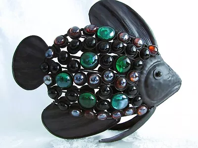 Bronze Finished Metal Fish With Multi Color Beads 13.5  Long Sculpture • $27.99