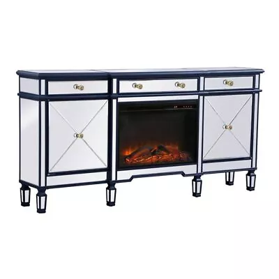 Elegant Decor Contempo 72  Mirrored Credenza With Wood Fireplace In Blue • $903.46