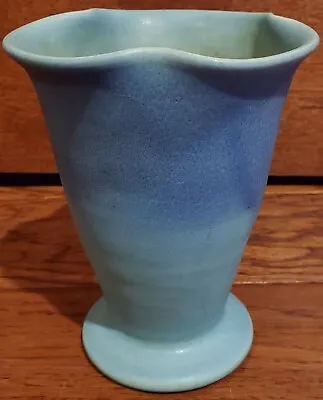 VAN BRIGGLE Vintage Pottery 6  Footed Vase Blue Green Turquoise Ombre Trefoil • $68