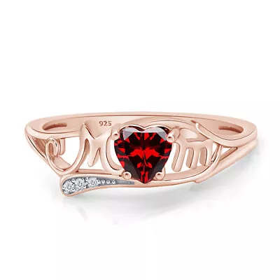 Mom Heart Ring Simulated Garnet In 14K Rose Gold Plated Sterling Silver • $49.39