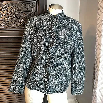 Vintage Chico's Blue White Tweed Boucle Ruffle Jacket Blazer 1 S 8 • $40