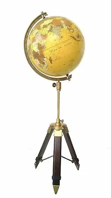 World Map Nautical Brass Antique ORNAMENT GLOBE With Wooden Tripod Stand Decor • $94.05